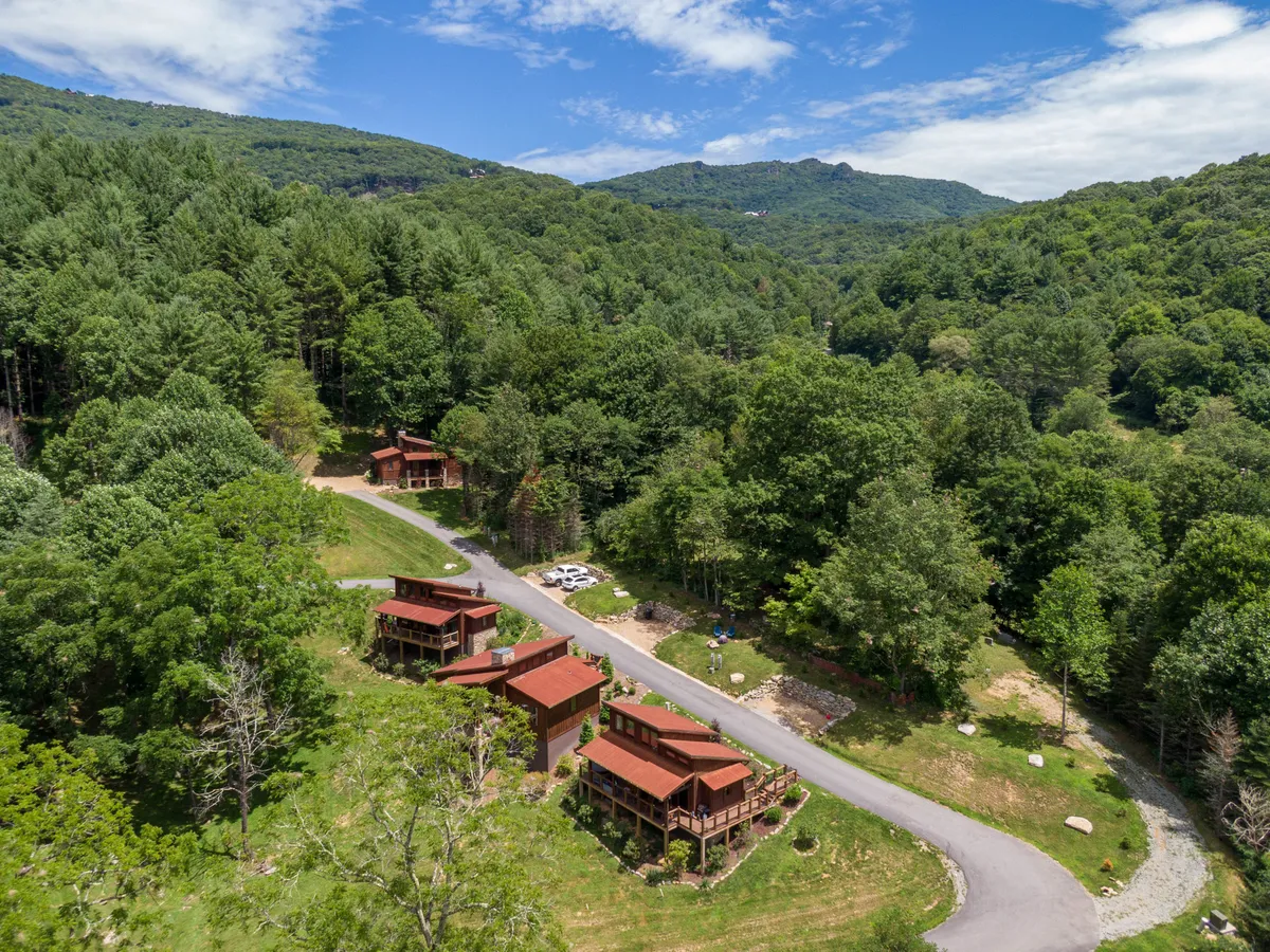 The image showcases a cozy, modern cabin nestled among tall trees with a scenic mountain backdrop. A winding road leads up to the property, emphasizing its secluded, peaceful setting. The spacious porch invites guests to relax and enjoy the natural surroundings—perfect for morning coffee or stargazing at night.