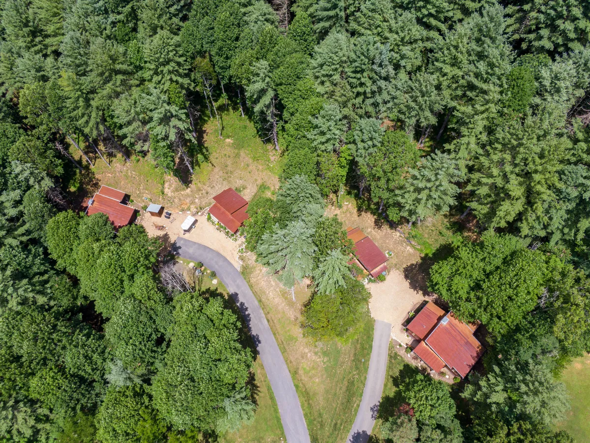 This image features charming cabins nestled along a winding road, surrounded by lush trees. The tranquil natural setting immediately evokes the sense of an adventurous mountain retreat, inviting families to step outdoors and explore.