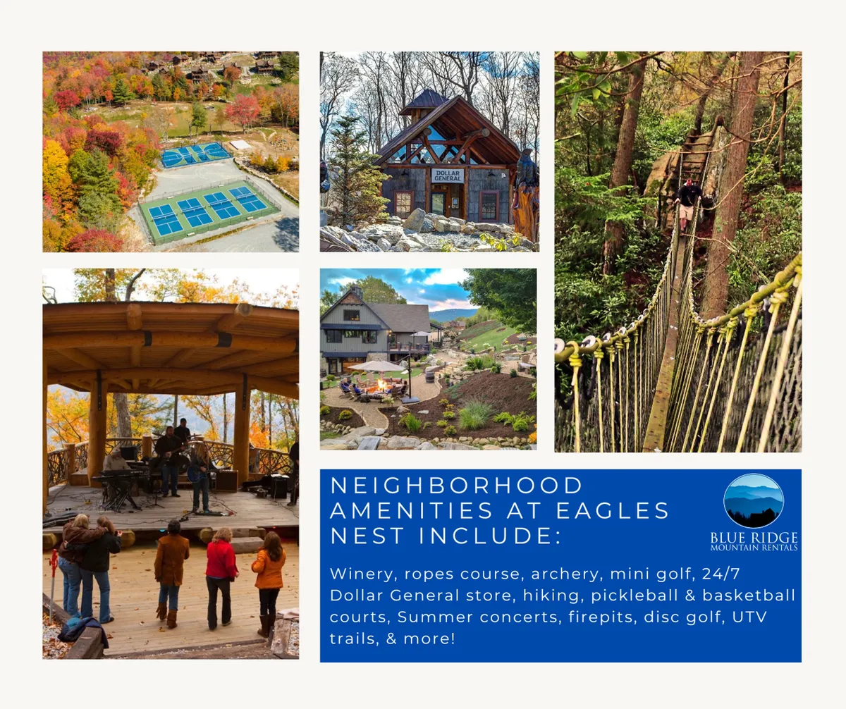 This vibrant exterior image showcases several of Eagles Nest's community amenities, including an extensive ropes course, mini golf area, and a concert stage—all lively focal points connected directly to the section's features list. Surrounded by natural scenery, families and guests are seen enjoying outdoor activities such as hiking, archery, and attending summer concerts, capturing the joyful, adventurous spirit of the amenities.